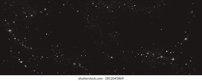 Black milky way space background with white stars scattered across dark universe expanse. Cosmic galaxy scene with distant stellar formations and celestial dust particles in night sky panorama.