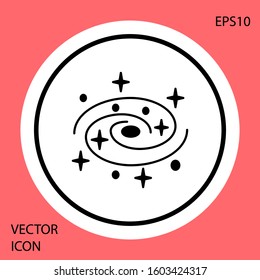 Black Milky way spiral galaxy with stars icon isolated on red background. White circle button. Vector Illustration