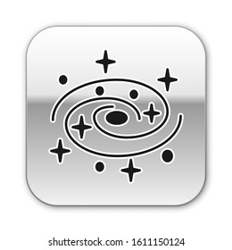 Black Milky way spiral galaxy with stars icon isolated on white background. Silver square button. Vector Illustration