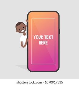 Black millennial character peeping out from behind the mobile phone. Your text here. Template. Smart phone screen. Flat editable vector illustration, clip art