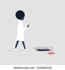 Black millennial female character addicted to smartphone. Nomophobia. Open canalization hatch. Flat editable vector illustration, clip art