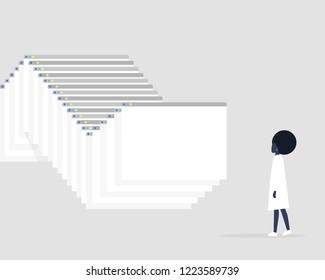 Black Millennial female character working with the information. Data analysis. Browser tabs. New technologies. Internet. Flat editable vector illustration, clip art