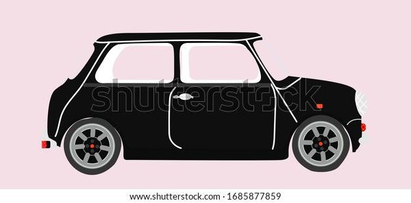 黒いミニカーのベクター画像 小さなセダン車の手描きの分離型イラスト 英国のエレガントな車のデザイン 現代のトレンディ車 側面図 のベクター画像素材 ロイヤリティフリー