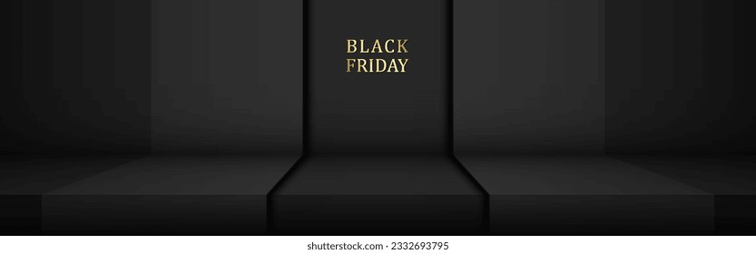 Black minimal background. Black Friday concept. Empty room studio for display. Vector illustration.