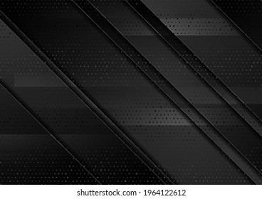 Black minimal composition with geometric diagonal stripes and dots. Abstract dark grey vector concept tech background