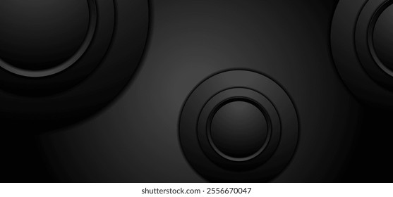 Black minimal geometric abstract background with circles. Futuristic dark grey vector banner design