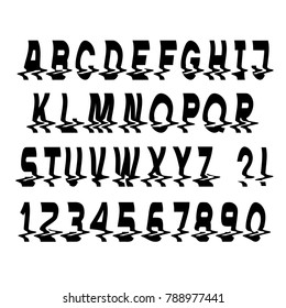 Black minimal Glitch font letters and numbers. Vector set with  distorted effect. Video game alphabet in retro style