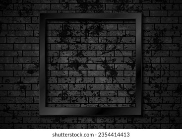 Black minimal glossy frame on brick grunge wall. Abstract vector background