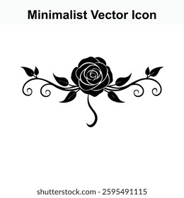 Black Minimalist Rose Vector Icon with Floral Swirls and Leaves