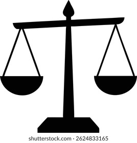 A black, minimalist silhouette presents a balanced set of scales, symbolizing justice and law. It stands isolated on a stark white background, emphasizing simplicity and clarity.