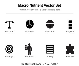 Black minimalist solid silhouette icon set for macronutrient tracking and diet planning featuring scale, plate, target, and ratio symbols on a white background