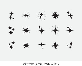 Preto minimalista Twinkle e brilhar símbolos para design e decoração. Conjunto de ícones de estrela cintilante desenhado à mão. Vetor desenhado à mão cintilação e luz elementos de brilho