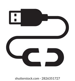 Black minimalist usb plug with damaged cord illustration. Broken data transfer line. Faulty technology hardware vector.