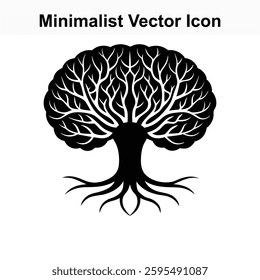 Black Minimalist Vector Icon of a Tree with Roots and Branches