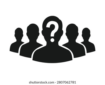 Black minimalist vector illustration featuring human silhouettes with mystery symbol focal point. Concept for anonymous user, unidentified candidate, or criminal profile.