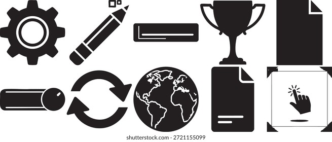 Black minimalist website interface glyph collection showing configuration gear drawing pencil achievement trophy file document earth globe reload arrows and hand cursor selection