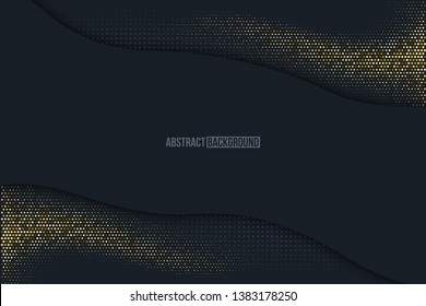 Black minimalistic abstract background. Business presentation, web banner vector backdrop. Mosaic with golden effect. Yellow, beige shiny particles wave. Halftone dots, sparkles texture illustration