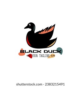 Pato minimalista negro con el logo de inserciones coloreadas con texto sobre fondo blanco. Ilustración del vector