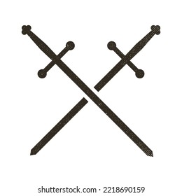 schwarz-minimalistisches Flachbild-Zeichen von zwei mittelalterlichen Schwertern