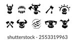 A black minimalistic icon of an orc warrior featuring a skull, horns, and crossed axes, symbolizing brutality, war, and fantasy battles.
