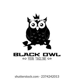 Black minimalistic owl in crown on branch. Logotype with text black owl your tagline on white background. Vector illustration	