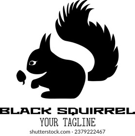 Black minimalistic squirrel with acorn logo with text on white background. Vector illustration