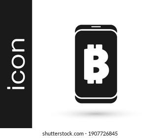Bitcoin de Black Mining del icono móvil aislado en fondo blanco. Mina de criptodivisa, servicio de tecnología blockchain.  Vector