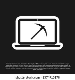 Black Mining concept with laptop and pickaxe icon isolated on black background. Blockchain technology, cryptocurrency mining, digital money market. Vector Illustration