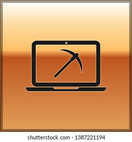 Black Mining concept with laptop and pickaxe icon isolated on gold background. Blockchain technology, cryptocurrency mining, digital money market. Vector Illustration