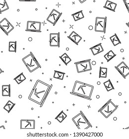 Black Mining concept with laptop and pickaxe icon isolated seamless pattern on white background. Blockchain technology, cryptocurrency mining, digital money market. Vector Illustration