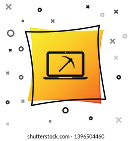 Black Mining concept with laptop and pickaxe icon isolated on white background. Blockchain technology, cryptocurrency mining, digital money market. Yellow square button. Vector Illustration
