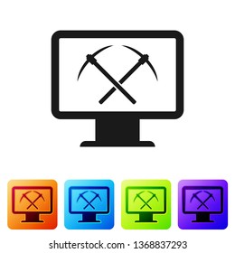 Black Mining concept with monitor and pickaxe icon on white background. Blockchain technology, cryptocurrency mining, digital money market. Set icon in color square buttons. Vector Illustration