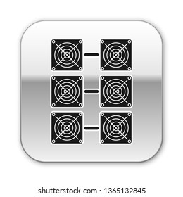 Black Mining farm icon isolated on white background. Cryptocurrency mining, blockchain technology, bitcoin, digital money market, cryptocoin wallet. Silver square button. Vector Illustration