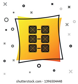 Black Mining farm icon isolated on white background. Cryptocurrency mining, blockchain technology, bitcoin, digital money market, cryptocoin wallet. Yellow square button. Vector Illustration