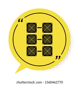 Black Mining farm icon isolated on white background. Cryptocurrency mining, blockchain technology, bitcoin, digital money market, cryptocoin wallet. Yellow speech bubble symbol. Vector Illustration