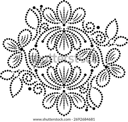 Black Mirror image Mandala Design Element of Dotted Three Petal Flowers with Peripheral Leaves and Springs for Embroidery Fabric Cushion Curtains Carpet Wallpaper, Geometric Floral Vector Illustration