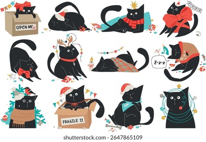 Gato travesso preto em diferentes questões de vida. Gatinho gordo bonito derrubou uma árvore de Yule ou emaranhado em luzes de Natal. Ilustração de vetor ou conjunto de adesivos isolado no fundo transparente.