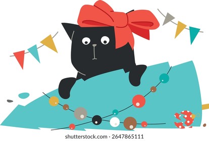 Gato travesso preto com arco vermelho enorme na cabeça escondendo-se atrás da árvore de Natal caída. Gatinho gordo bonito derrubou uma Yule-tree. Ilustração de vetor isolada em plano de fundo transparente.