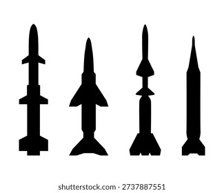 Black missile icon collection. Combat rocket weapons. Set of weapon and rocket symbol. Missile silhouette collection. Vector eps