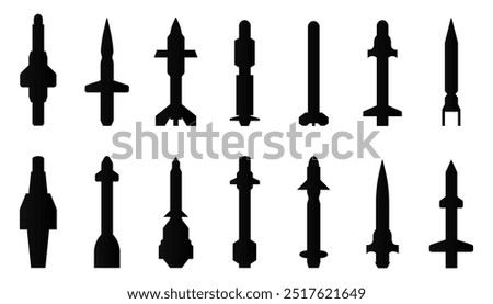 Black missile icon collection. Combat rocket weapons. Set of weapon and rocket symbol. Missile silhouette collection