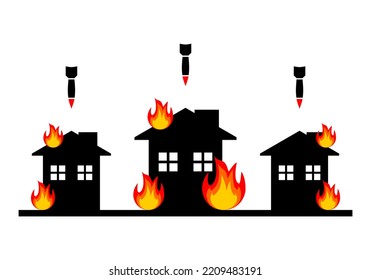 Black missile rocket warhead frying air strikes attack destroyed building city fire home in war on blue white icon flat vector design.