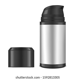 Black mist spray bottle with cap and white blank label, realistic vector mockup.