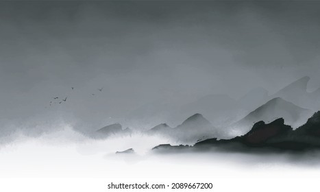 Black Misty Rocks In Stormy Sea And Flock Of Birds In Dark Sky. Traditional Oriental Ink Painting Sumi-e, U-sin, Go-hua