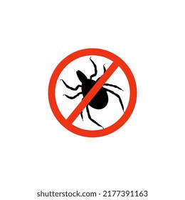 Black mite silhouette crossed out in red circle flat style, vector illustration isolated on white background. Design element for tick insects control sprays, warning sign, parasite