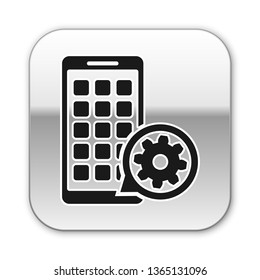 Black Mobile Apps and gear icon isolated on white background. Adjusting app, service concept, setting options, maintenance, repair, fixing. Silver square button. Vector Illustration