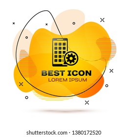 Black Mobile Apps and gear icon isolated on white background. Adjusting app, service concept, setting options, maintenance, repair, fixing. Fluid color banner. Vector Illustration