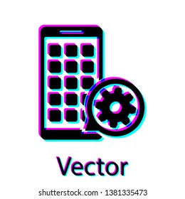 Black Mobile Apps and gear icon isolated on white background. Adjusting app, service concept, setting options, maintenance, repair, fixing. Vector Illustration