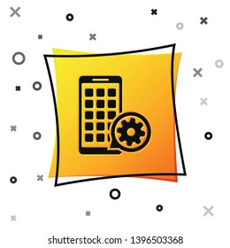 Black Mobile Apps and gear icon isolated on white background. Adjusting app, service concept, setting options, maintenance, repair, fixing. Yellow square button. Vector Illustration
