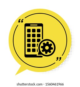 Black Mobile Apps and gear icon isolated on white background. Adjusting app, service concept, setting options, maintenance, repair, fixing. Yellow speech bubble symbol. Vector Illustration