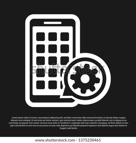 Black Mobile Apps and gear icon isolated on black background. Adjusting app, service concept, setting options, maintenance, repair, fixing. Vector Illustration